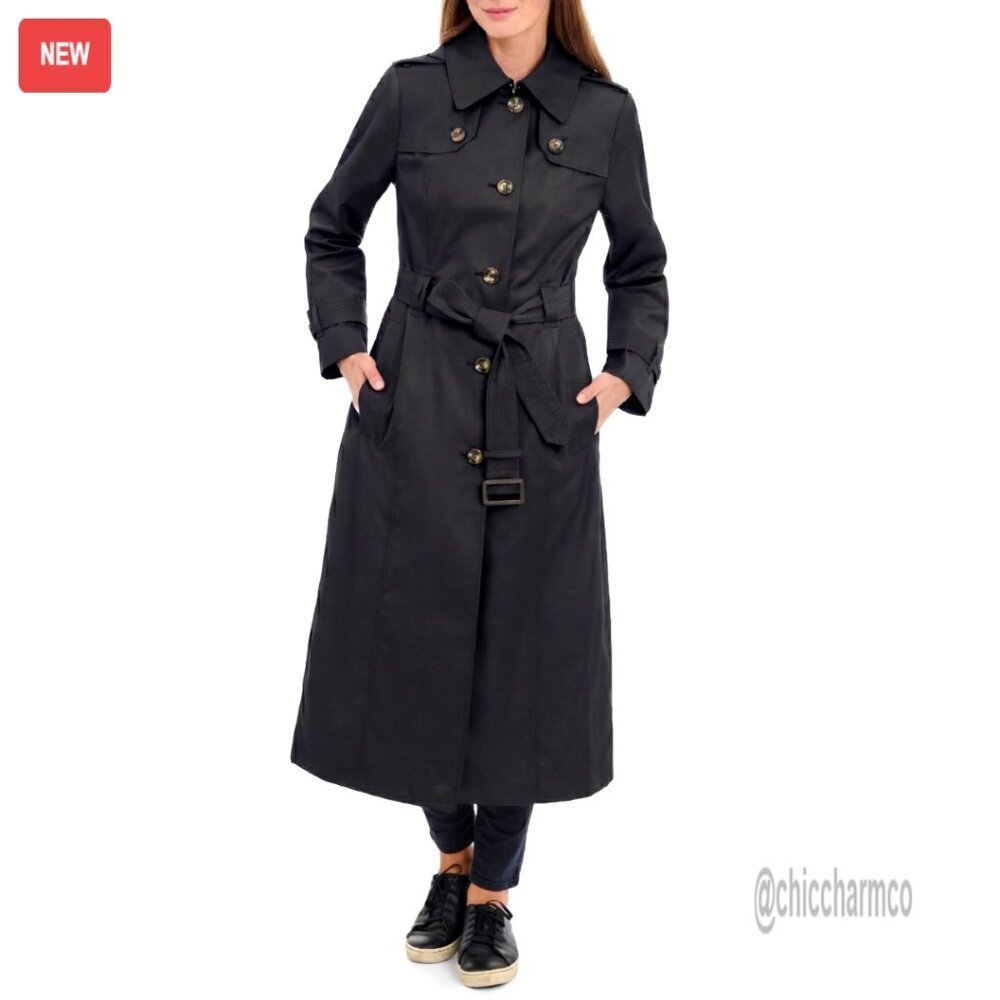 Single Breasted Long Trench Coat with Epaulettes and Belt, Water-Resistant
